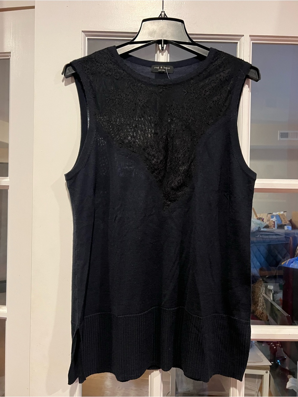 rag & bone Black Sleeveless Crewneck Sweater with Lace Yoke